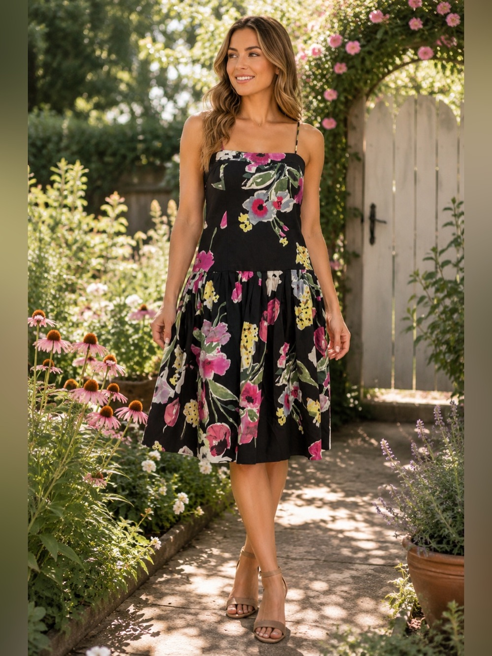 AMERICAN LIVING Floral Fit & Flare Drop Waist Dress Size 6 Black Garden Print
